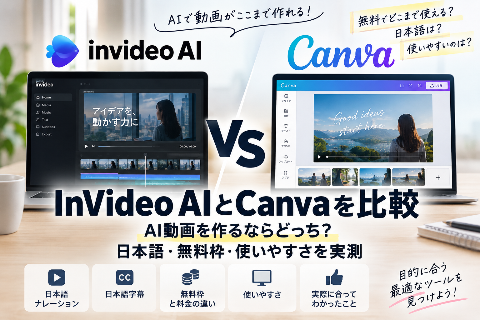 InVideo AIとCanvaのAI動画作成を日本語・無料枠・使いやすさで比較したアイキャッチ画像