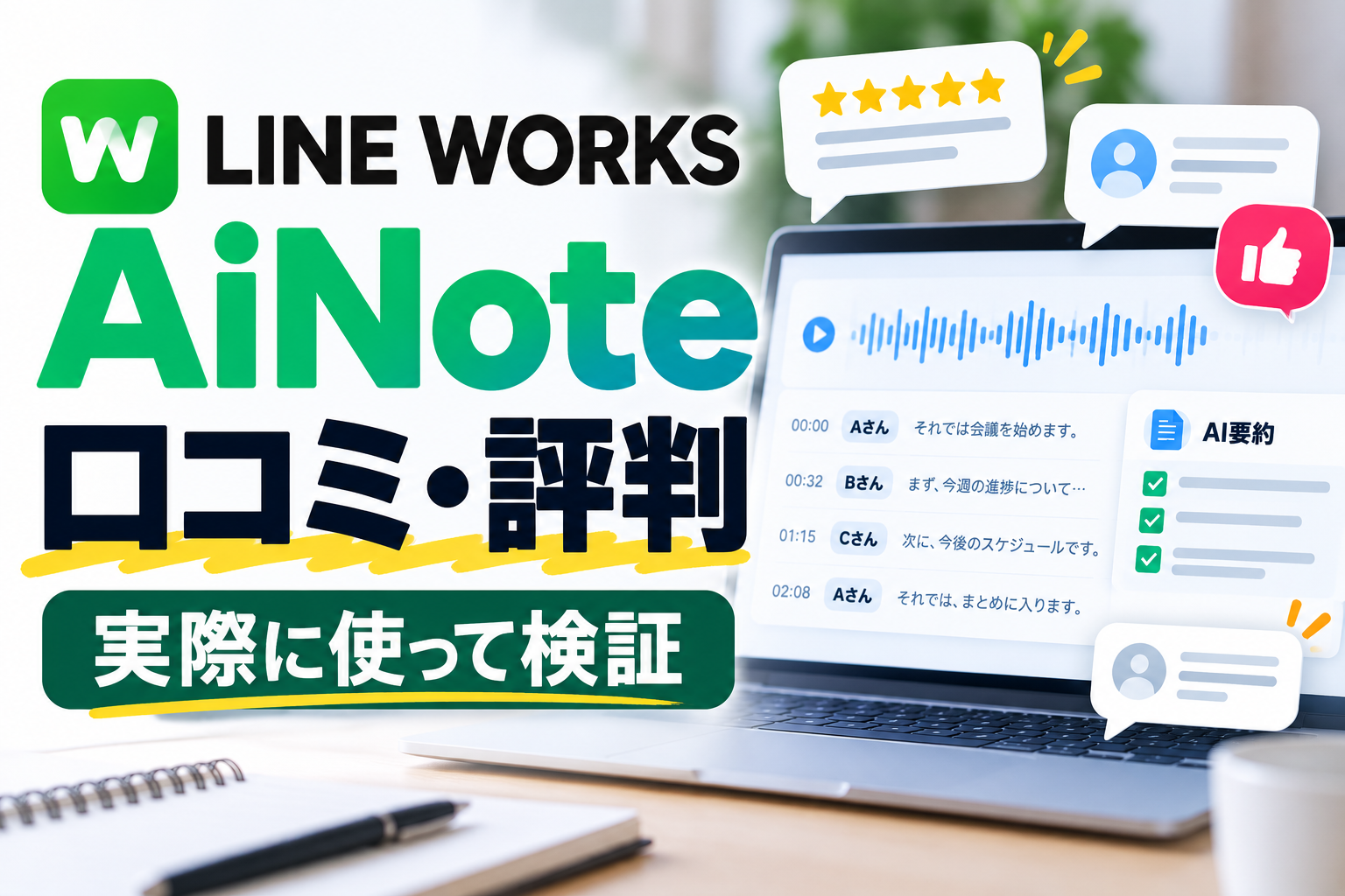 LINE WORKS AiNoteの口コミ・評判を実際に使って検証した記事のアイキャッチ